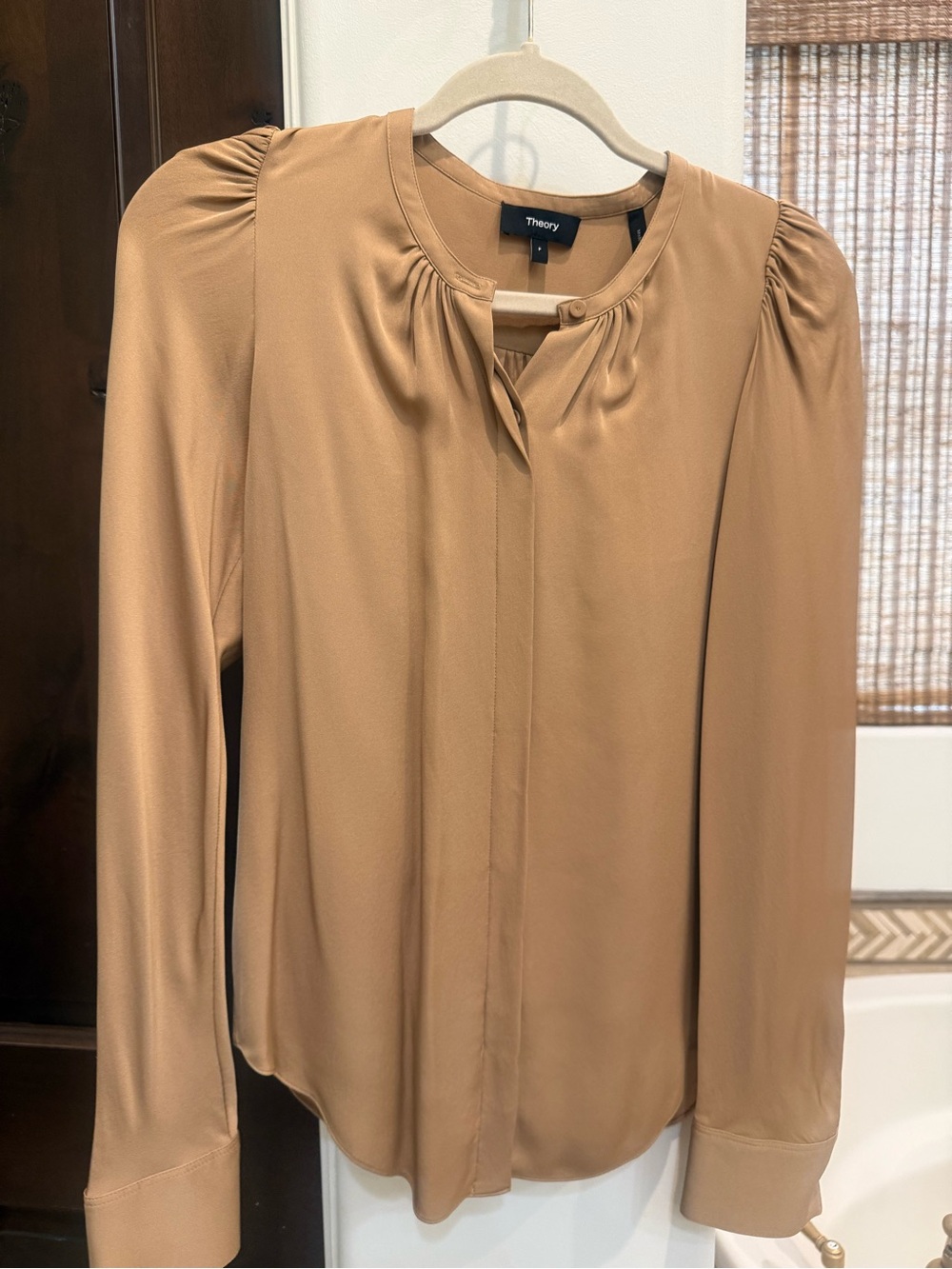 Theory Camel Tan Long-Sleeve Silk Blouse NWT